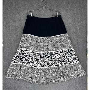 Vintage Cathy Daniels Peasant Skirt Size M Black White Floral Tiered Midi Boho